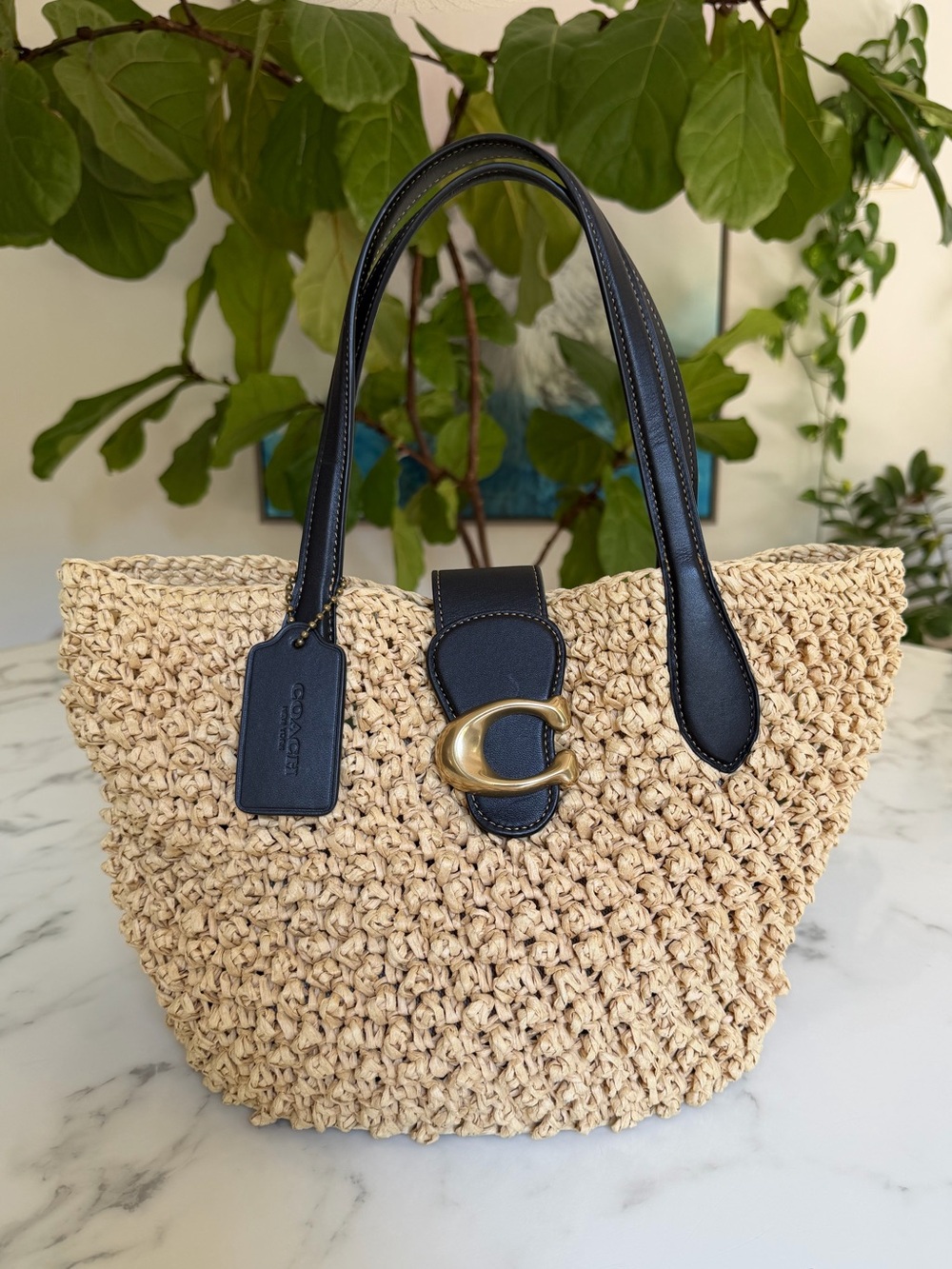 Coach Small Tote CA034 Straw & Black Leather Brass C Shoulder Bag with Pouch